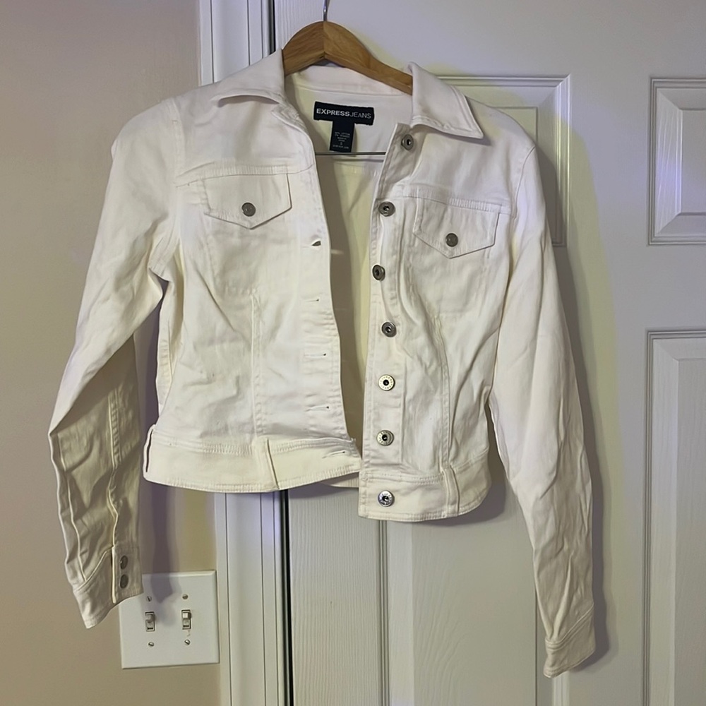 Express jeans, white jean jacket